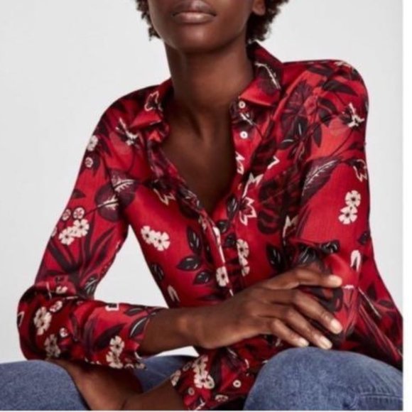 Zara Basic Collection Red Floral Button Down - Size Small - Picture 8 of 9